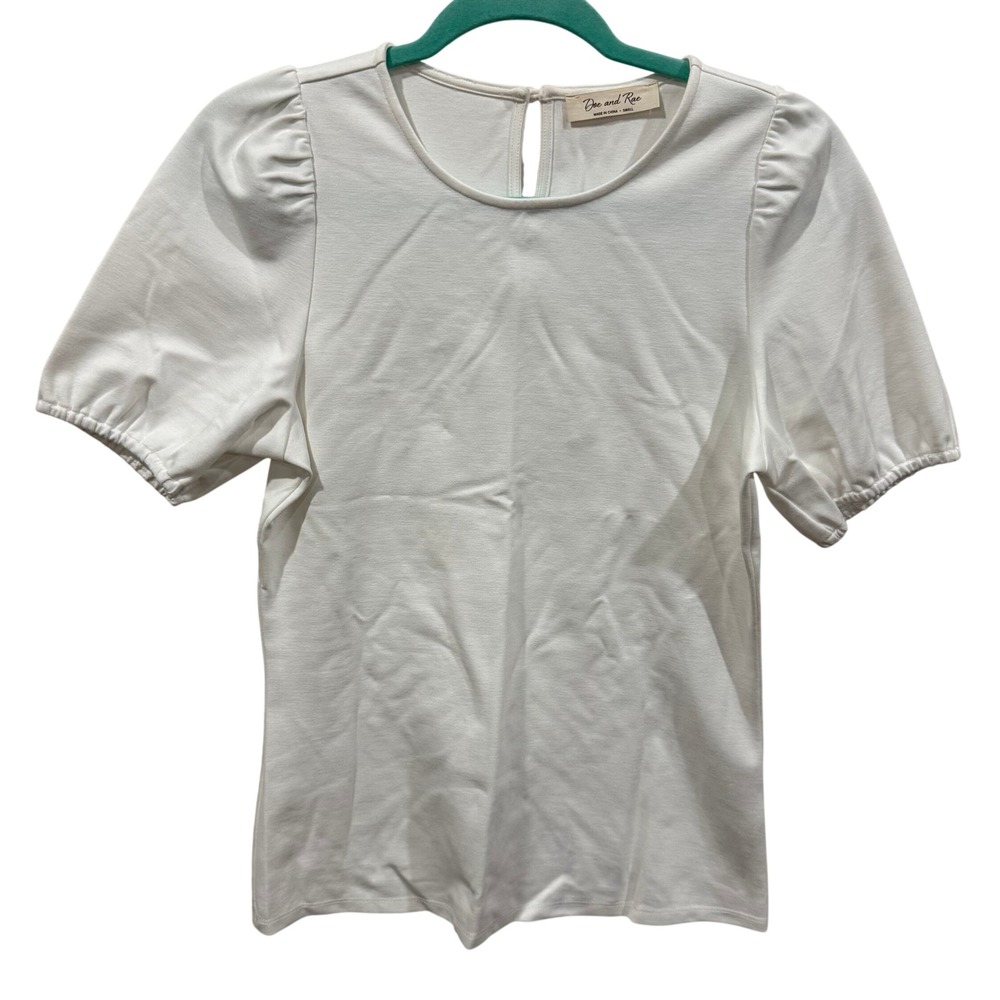 Doe and Rae White Puff Sleeve Keyhole Back Top Small 65727T